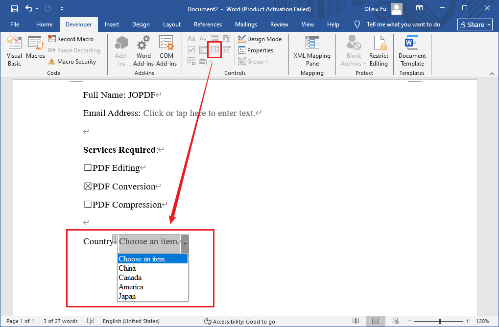 Add a dropdown list in Microsoft Word