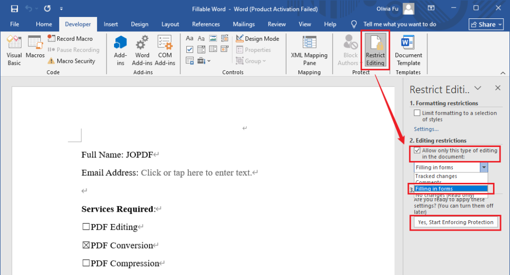 Click Restrict Editing to protect the form in Microsoft Word