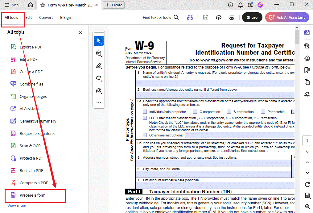 Click All tools and select Prepare a form to create a fillable PDF in Adobe Acrobat