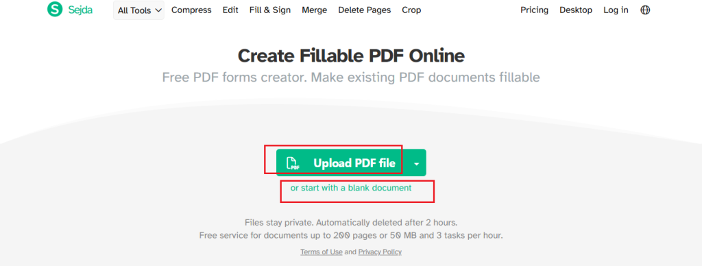 Select to upload a PDF or start with a blank document in Sejda PDF Forms