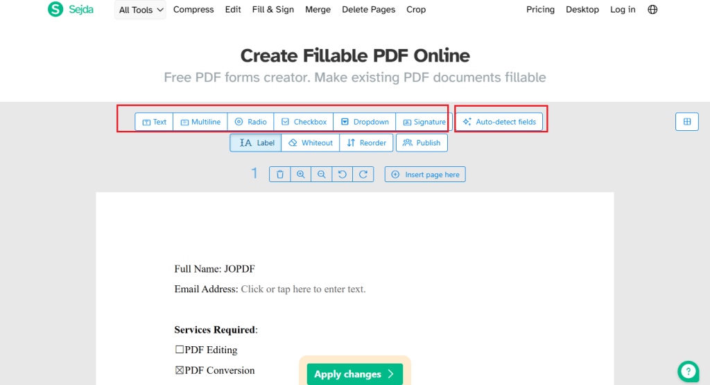 Add interactive fields to a PDF in Sejda PDF Forms
