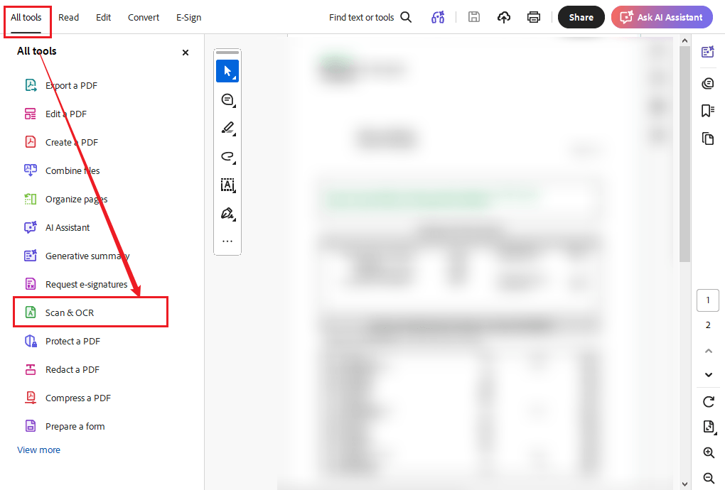 Go to All tools and select Scan & OCR in Adobe Acrobat