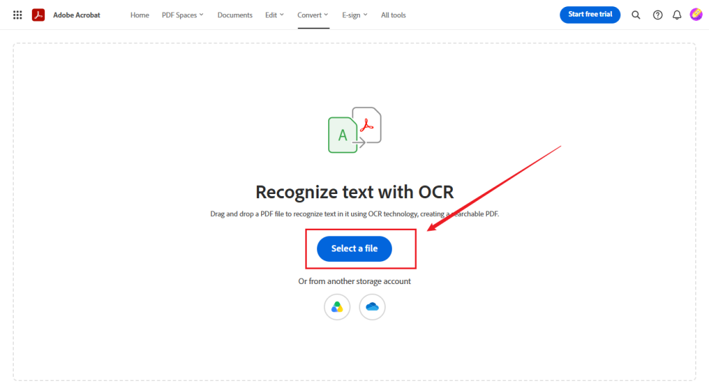 Click Select a file to upload the scanned PDF into Adobe Acrobat Online OCR