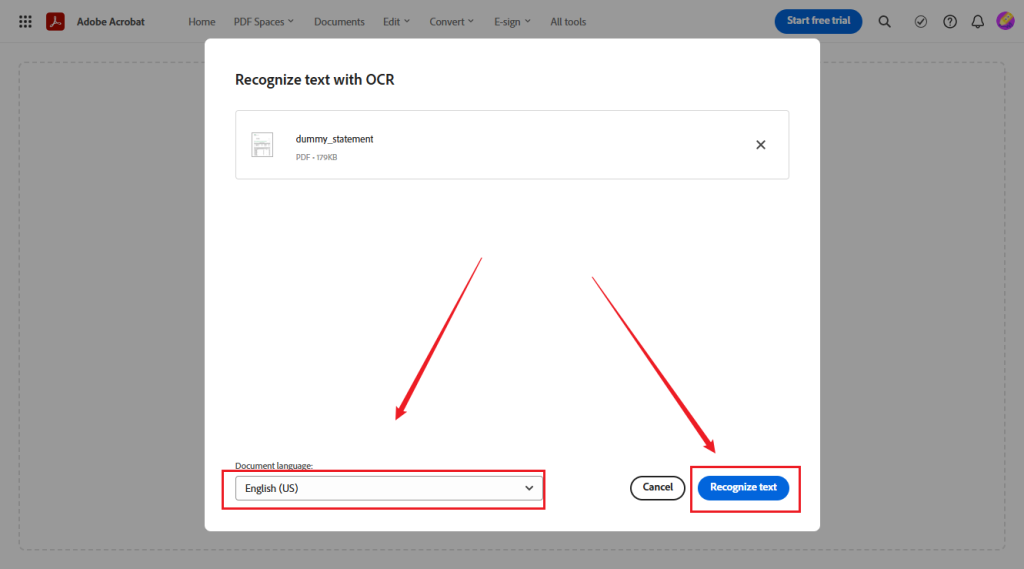 Specify the PDF’s main language and click Recognize text in Adobe Acrobat Online OCR