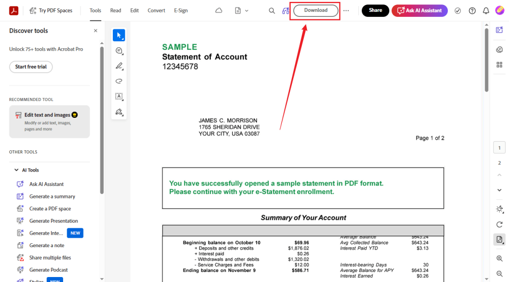Click Download to save the OCR-enabled PDF from Adobe Acrobat Online OCR