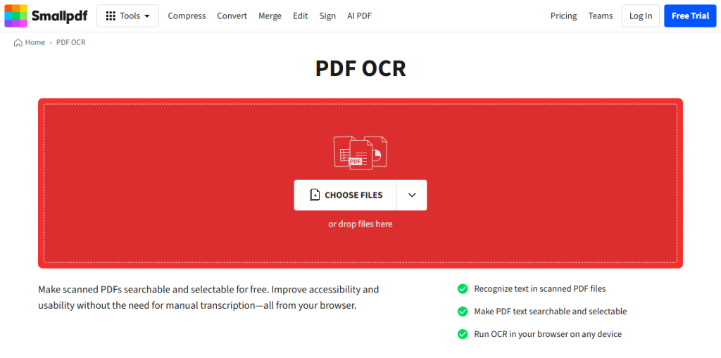 Interface of Smallpdf’s PDF OCR