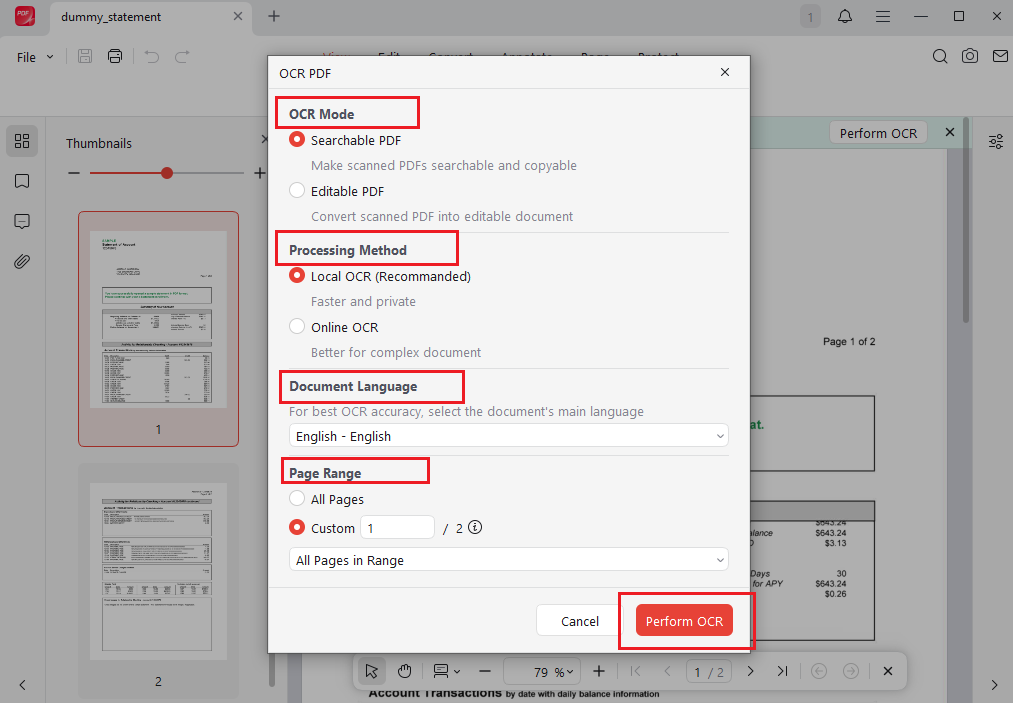 Complete the OCR settings and apply OCR to the scanned PDF in JOPDF