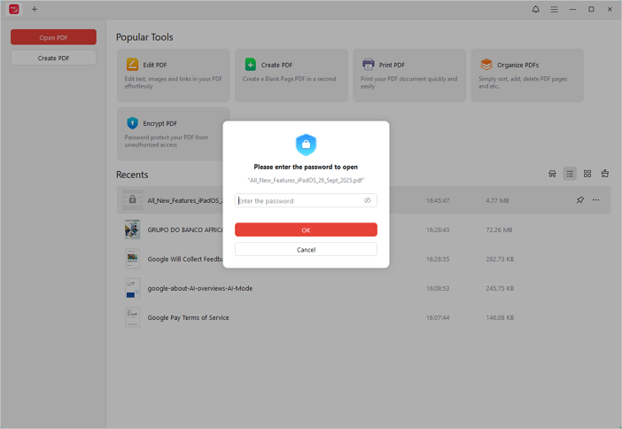 JOPDF's enter password interface