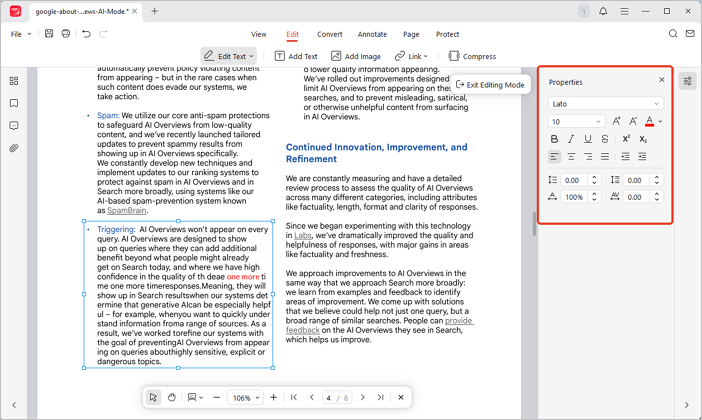 Properties sidebar of JOPDF