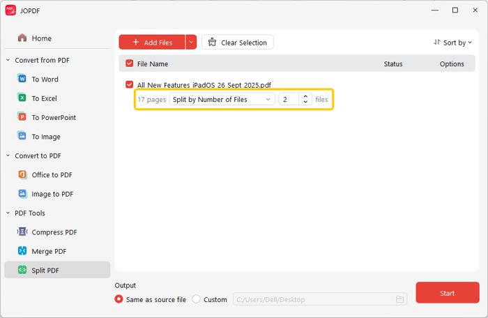 choose PDF splitting method with JOPDF