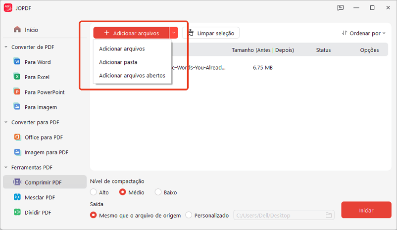 Adicionar arquivos à lista de compressão no JOPDF