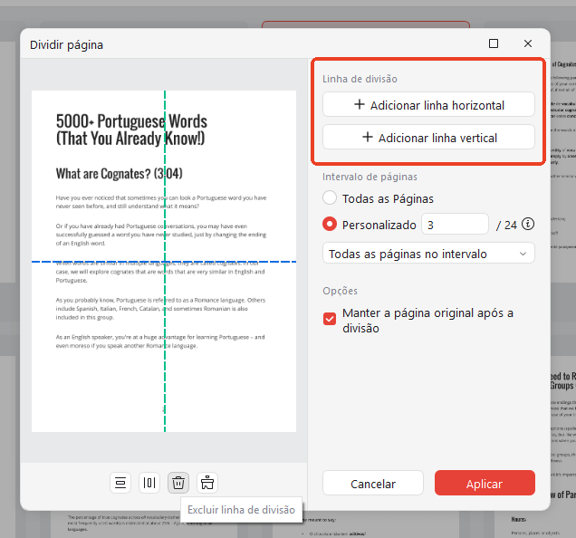Adicionar linhas de corte para dividir páginas