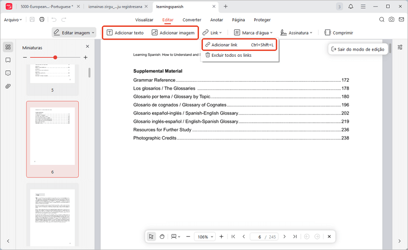 Inserir texto, imagem ou link no PDF