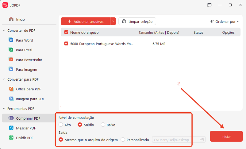 Ajustar nível de compressão e iniciar
