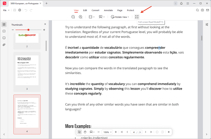 Attiva la modalità lettura a schermo intero in JOPDF