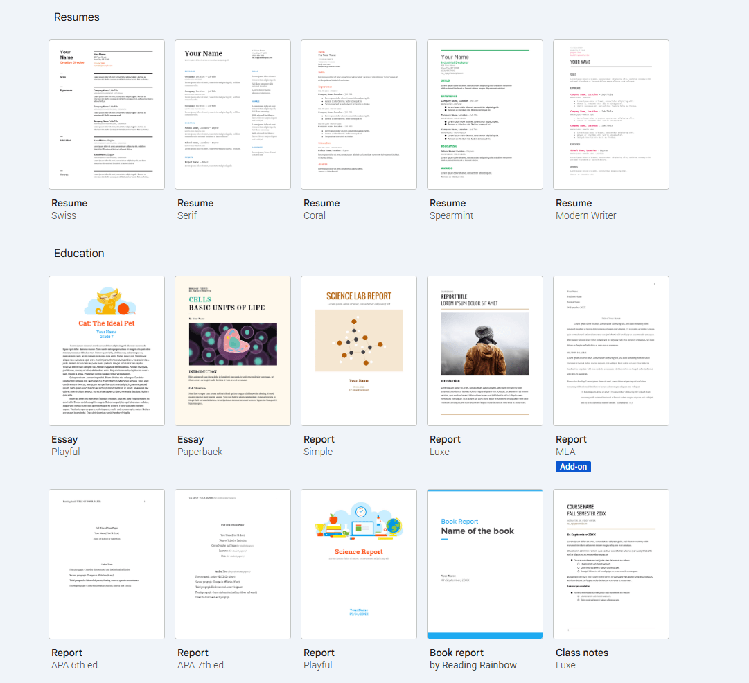 built-in template gallery titled Resumes