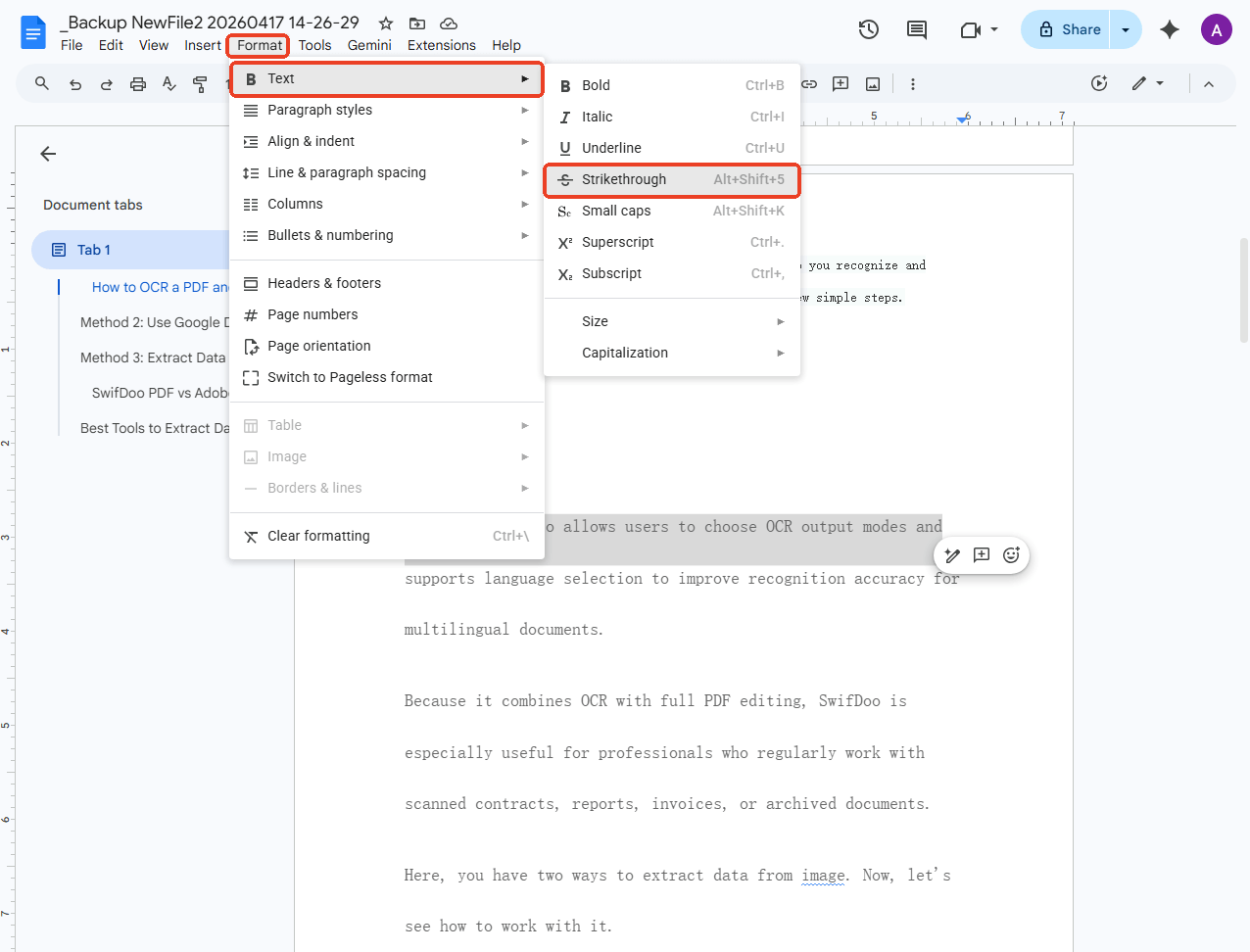 click Strikethrough on Google Docs