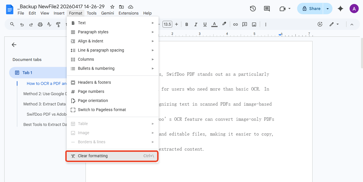 go to Format > Clear formatting