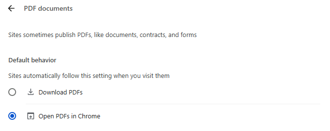 Toggle off Open PDFs in Chrome