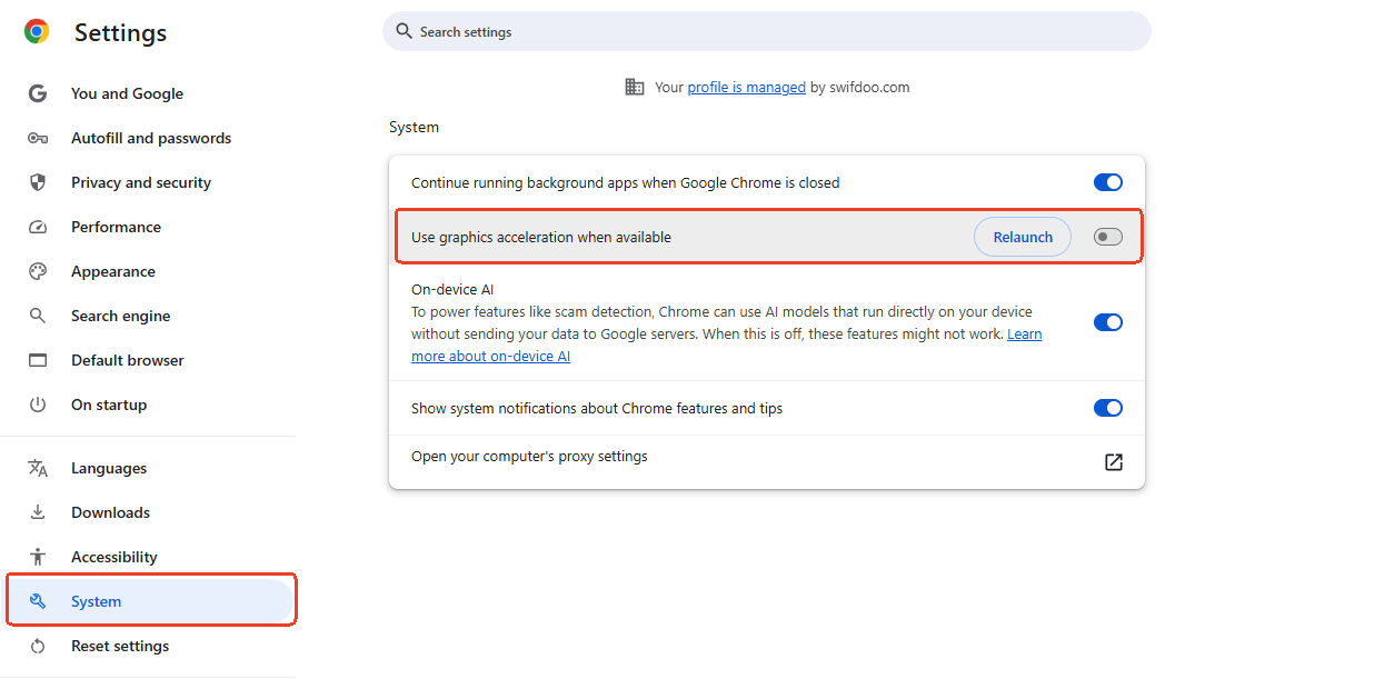 Disable Hardware Acceleration in Browser Settings