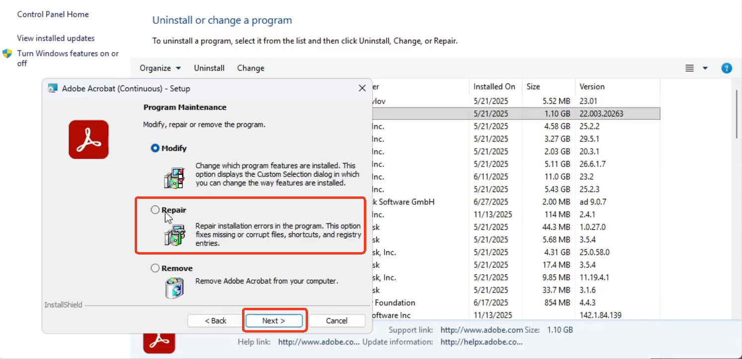 run adobe repair installation
