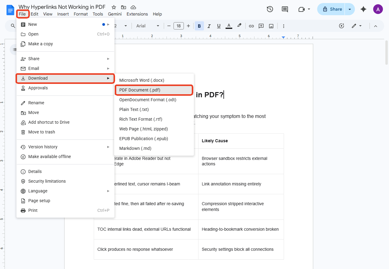 download Google Docs as PDF