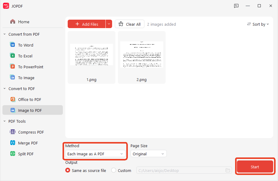 convert each image as a pdf