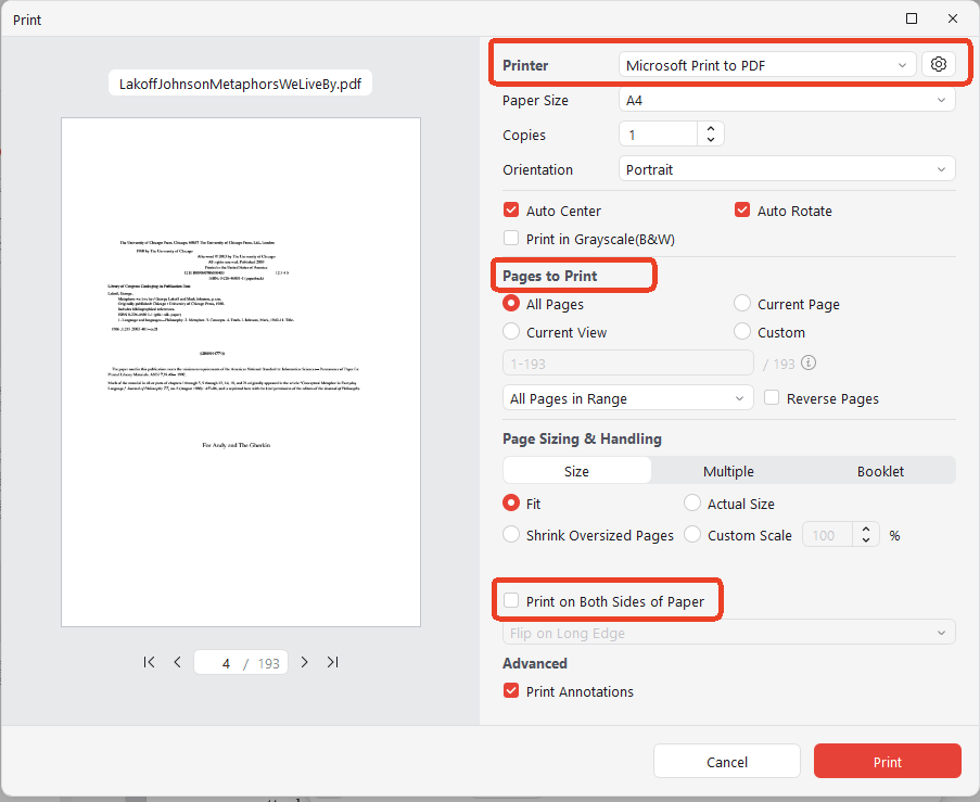 configure PDF printer settings