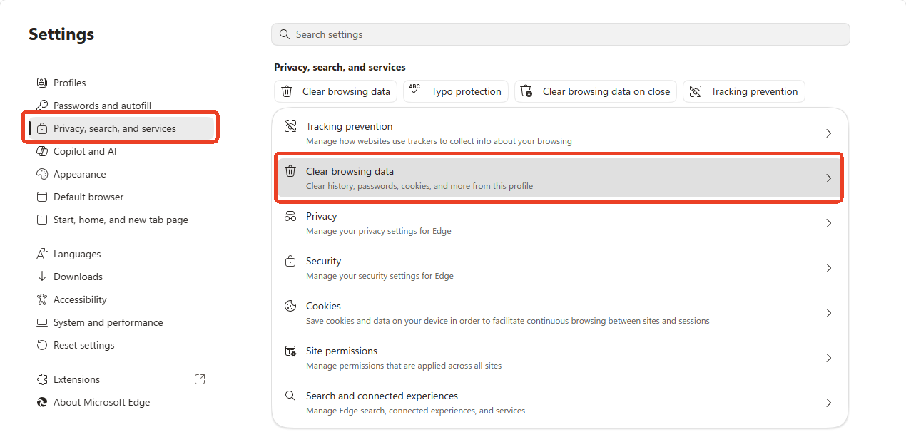 Clear browsing data menu