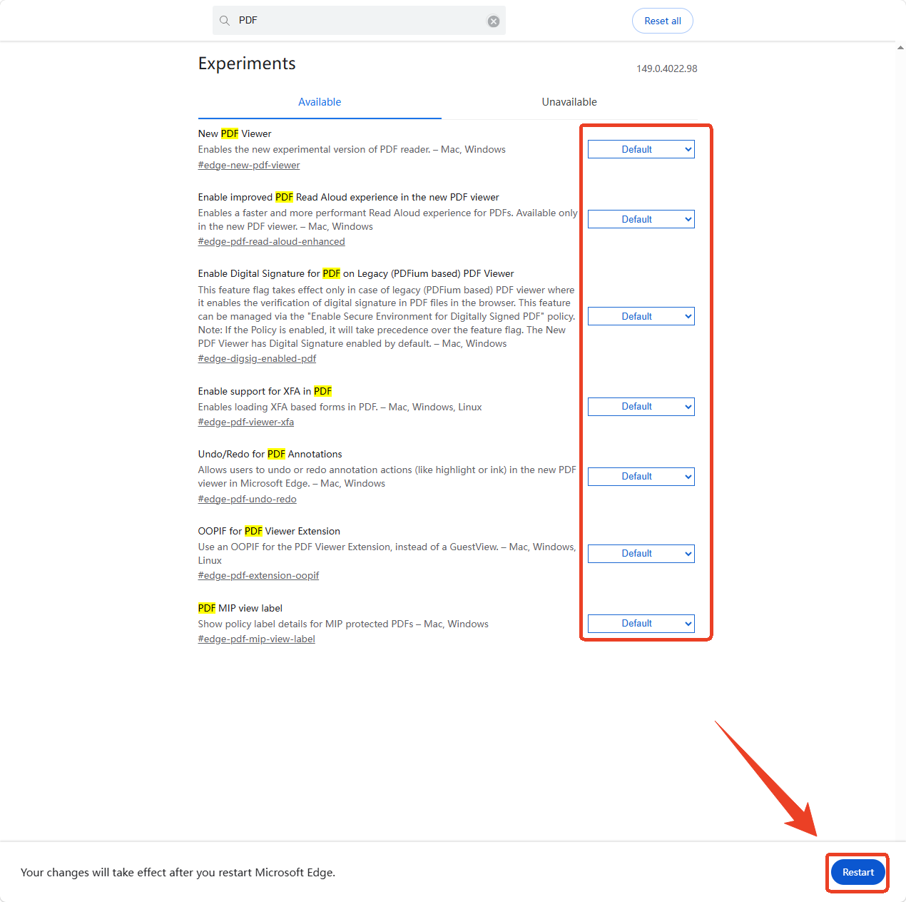 edge pdf settings