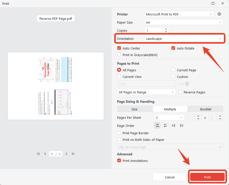Orientation option as Landscape