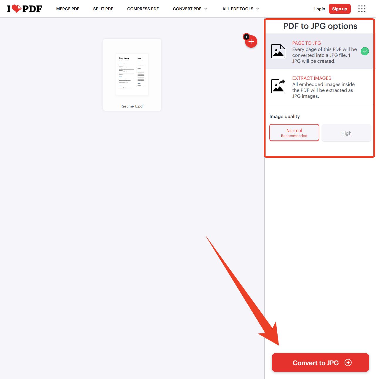 ilovepdf convert Word to JPG 