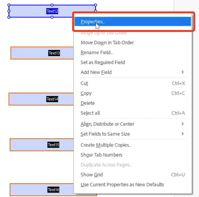 adobe form Properties dialog box