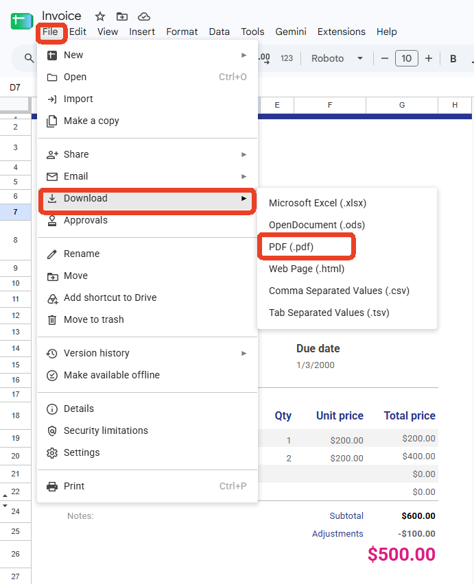 save invoice template as pdf