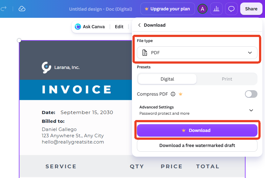 save invoice as pdf