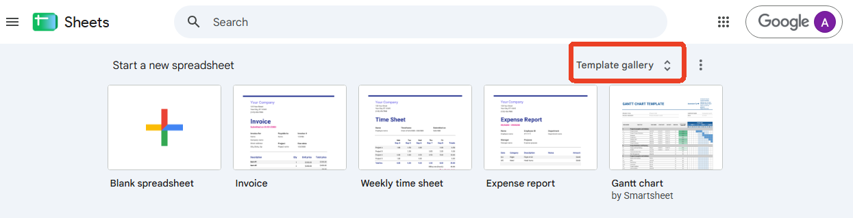 Google Sheets Template gallery