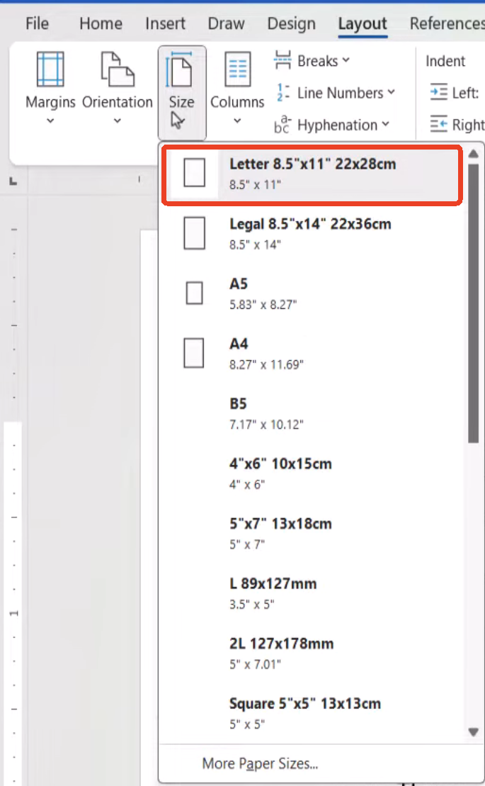 short bond paper size in word