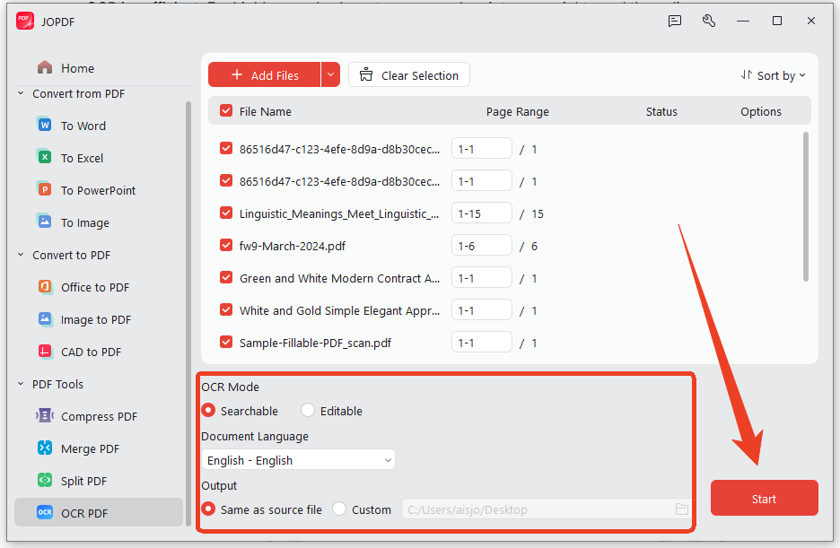 JOPDF OCR mode configuration