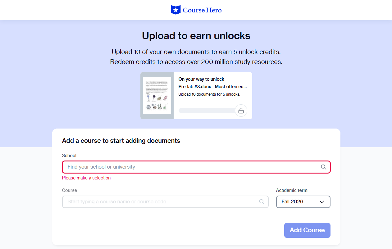 Course Hero uploads for unlocks